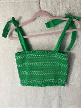 Main Strip Green Smocked Tie-Strap Crop Top